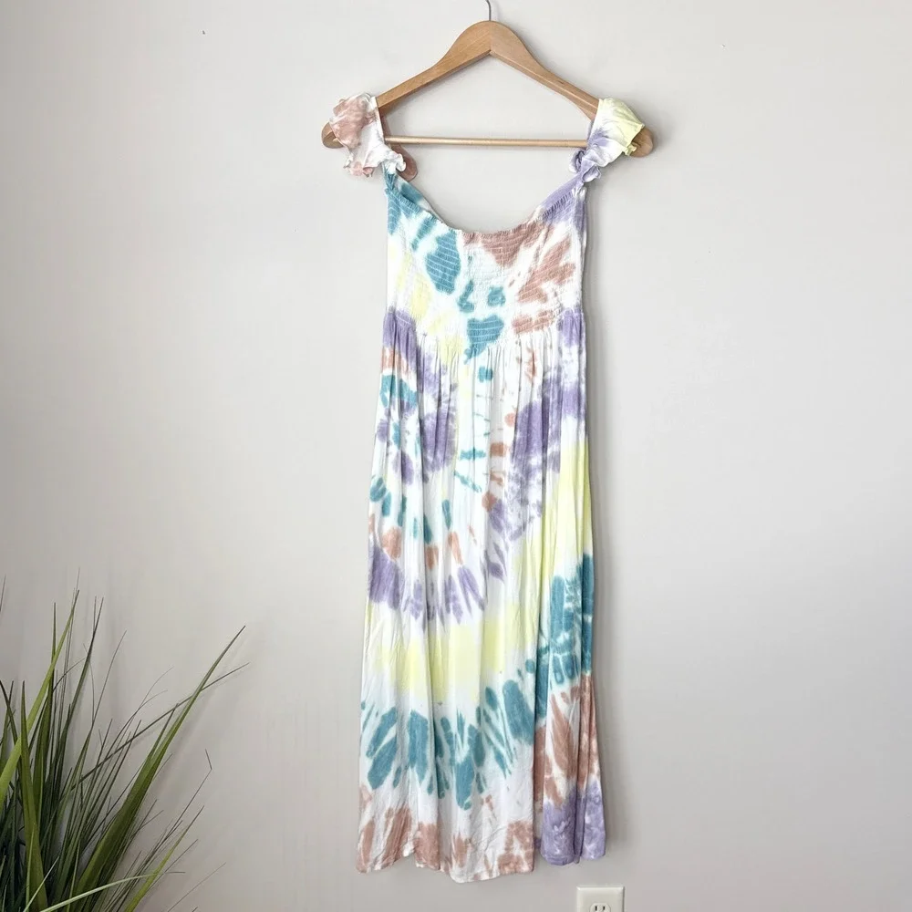 NWT Chaser Tie Dye Ruffle Off-Shoulder Button Front Midi Dress Womens Size Small